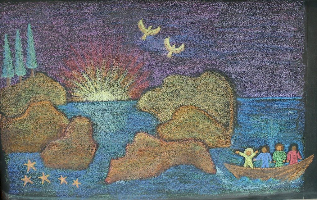 Blackboard drawing of a sunset over mountains
